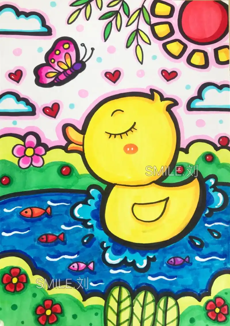 春天主题儿童画幼儿园简笔画春江水暖鸭先知