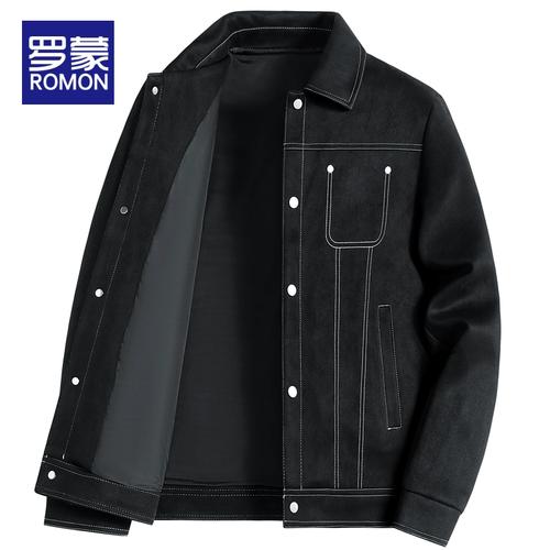 罗蒙春季男士外套麂皮绒翻领上衣2024新款潮牌宽松春秋休闲夹克男