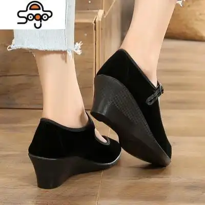 老北京布鞋女高跟坡跟黑布鞋酒店职业工作单鞋防滑舞蹈礼仪演出鞋
