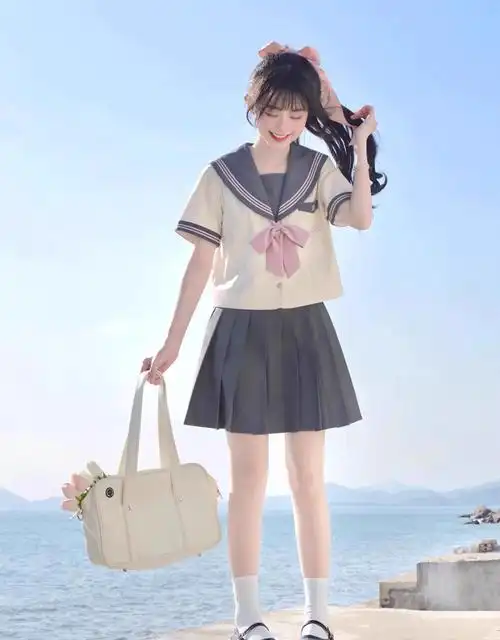 日系软妹夏季新款jk百褶裙制服学院风套装短袖灰粉水手服上衣女潮