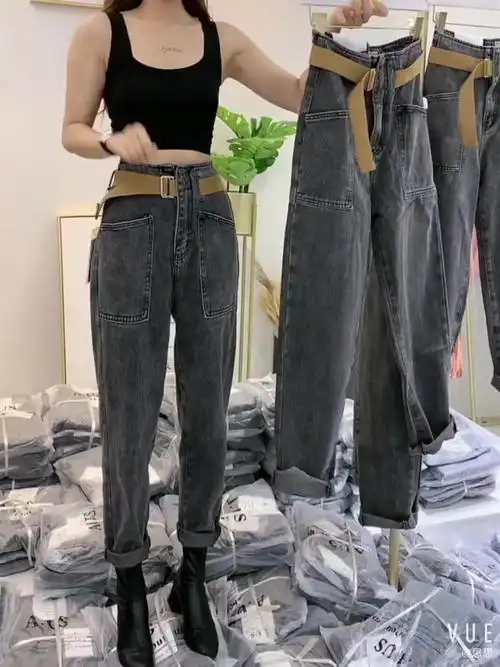 抖音快手女装网红同款简约风烟灰色腰带款大口袋牛仔哈伦裤老爹裤