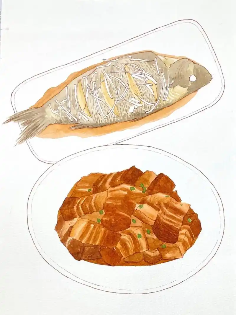 水彩美食手绘插画红烧肉 清蒸鲈鱼97 会做的家常菜不多,这两算是