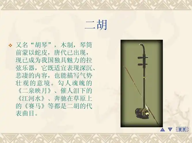 无忧文档 所有分类 人文社科 文化/宗教 中国民族乐器介绍ppt 二胡