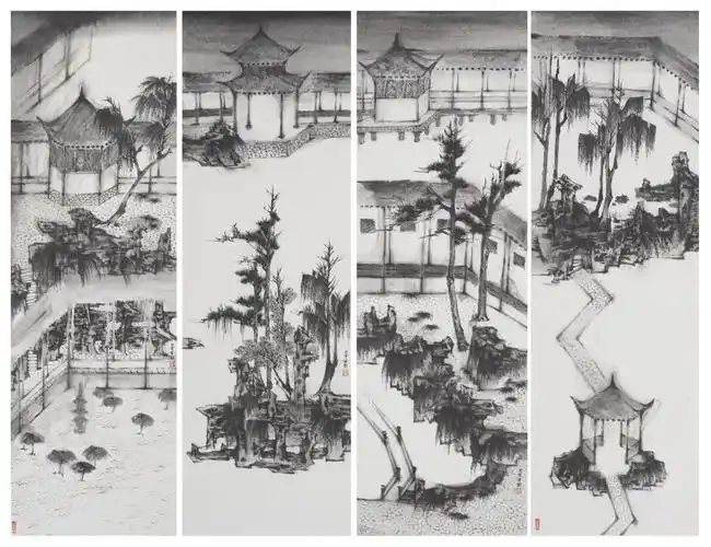 庭院四条屏_黄勤_艺盘云库(325300044)_书画艺术家大数据_艺盘