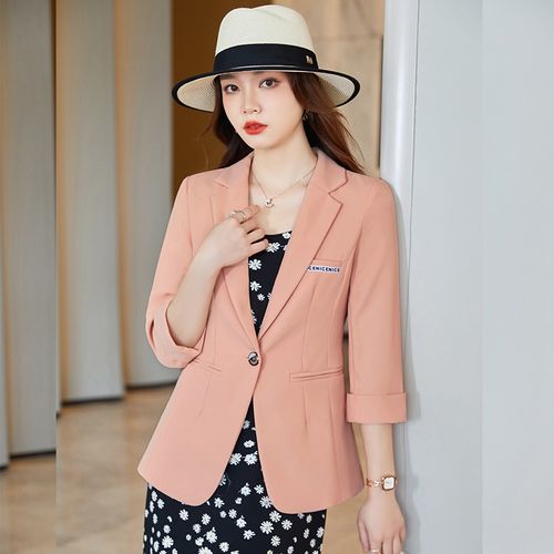 怡情姿 七分袖新款时尚气质粉色西装外套女夏季短款小个子休闲百搭中