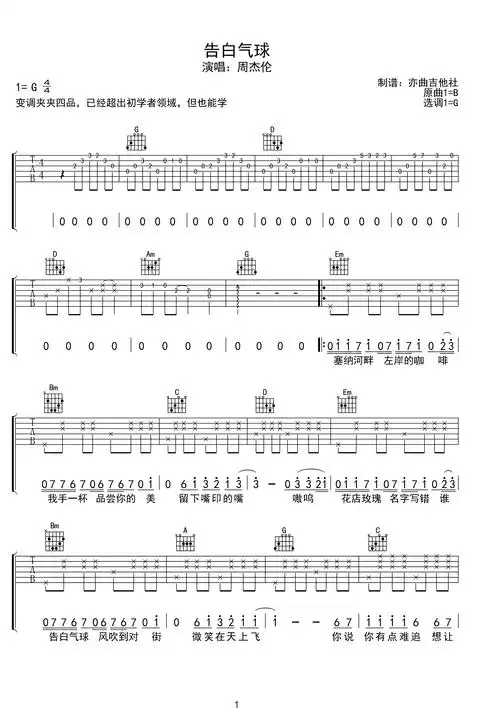 告白气球g调弹唱简易版初学者适用-虫虫吉他:www.ccguitar.cn