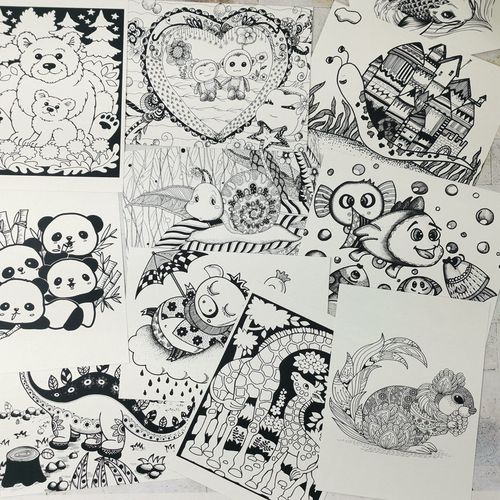 线描动物临摹卡黑白卡通绘画参照创意少儿美术画室教材线条图资料