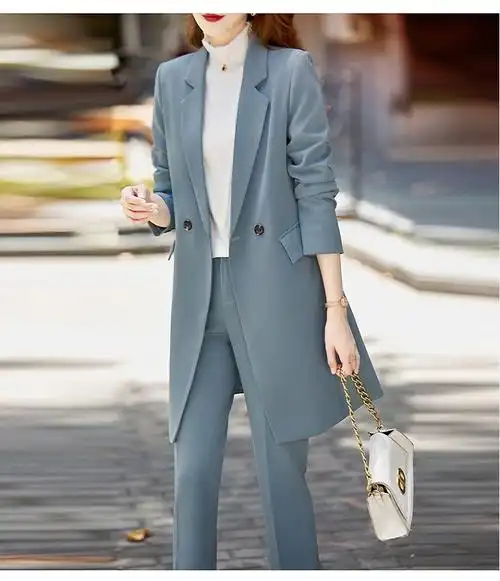 劳拉格慕中长款西装套装女年新款时尚休闲西服商务气质职业装两件套