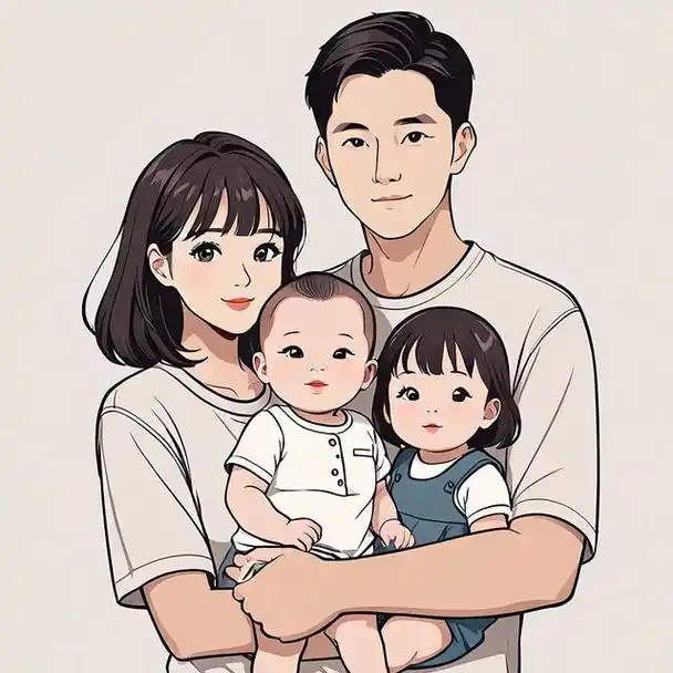 亲子头像|四口之家两个女儿手绘创意头像