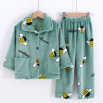 秋冬季儿童法兰绒睡衣加厚男女童宝宝小孩中大童珊瑚绒家居服套装 绿