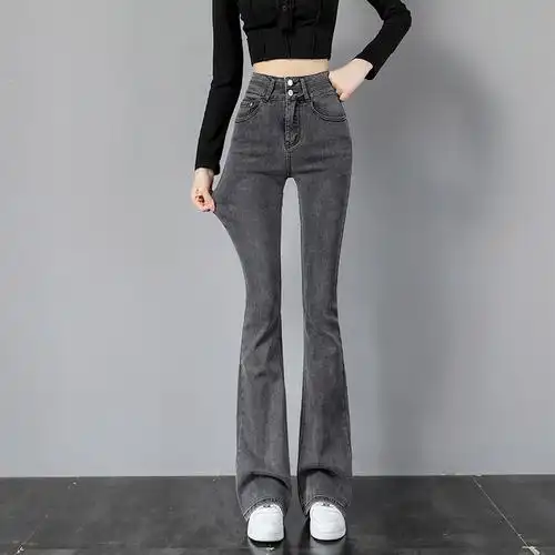 黑灰色喇叭牛仔裤女裤子女2022新款显瘦高腰冬季加绒弹力微喇长裤
