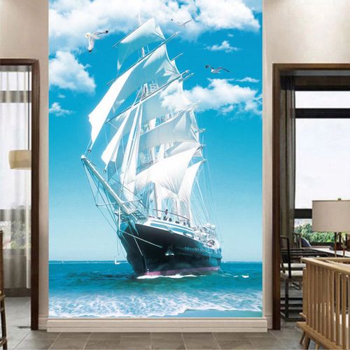 蓝天白云大海帆船墙贴画 一帆风顺办公室客厅卧室装饰画壁画制作