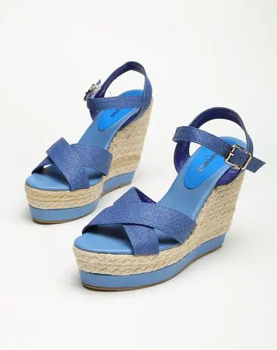 volovolo / 蓝色纹理编织麻边坡跟凉鞋