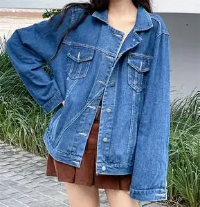 深蓝色牛仔外套女2021春秋新款宽松复古百搭短款夹克图片