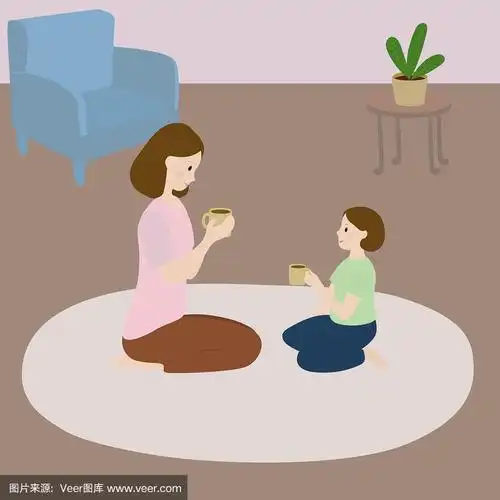 矢量插图.母亲和女儿,两个姐妹在房子的地板上喝茶.