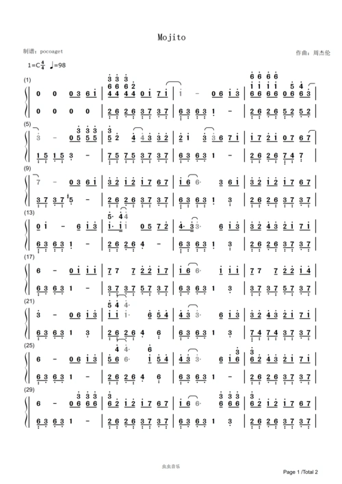 《mojito》简谱优美版,适合新手周杰伦(poc编配)钢琴谱-c调-虫虫钢琴