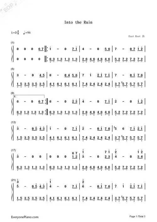 into the rain-east root-钢琴谱文件(五线谱,双手简谱,数字谱,midi