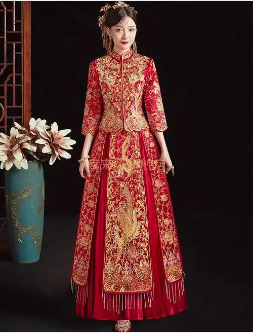 中式婚礼龙凤褂直筒秀禾服新娘新款秀禾服中式结婚婚纱礼服敬酒服嫁衣