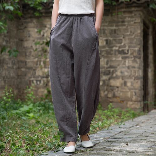 棉麻复古灯笼裤女春季新款宽松显瘦苎麻裤子百搭拼接薄款休闲长裤
