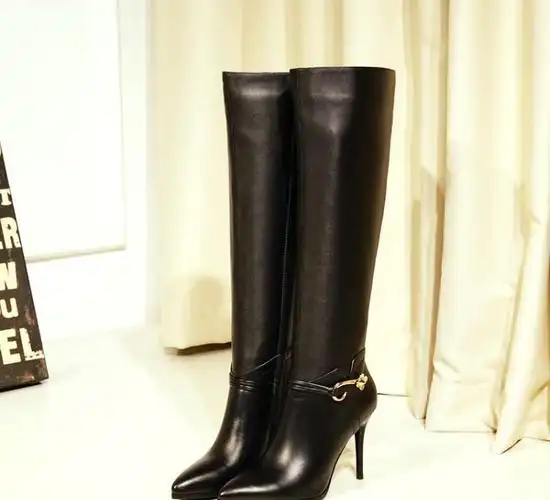 秋冬季真皮高跟黑色中长靴女尖头细跟高筒靴