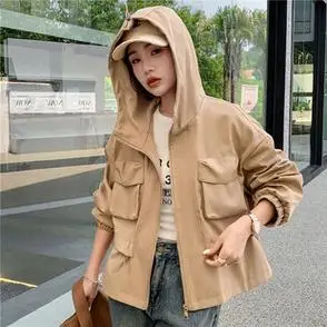 休闲立体口袋连帽抽绳重工工装小个子短款风衣外套女柚见伴夏