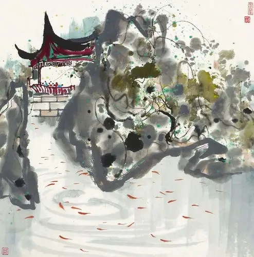 吴冠中 苏州园林 镜心 设色纸本