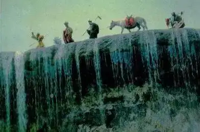 师徒四人牵着白龙马走在悬崖瀑布边上的画面,也成了86版《西游记》的