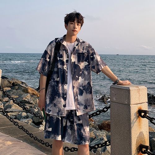 辰好依冰丝花衬衫男夏季薄款短袖套装痞帅时尚夏威夷海边三亚沙滩裤一