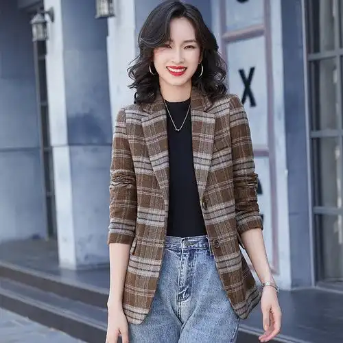 复古港风咖啡色格子西装外套女2021新款气质英伦风高端西服上衣秋