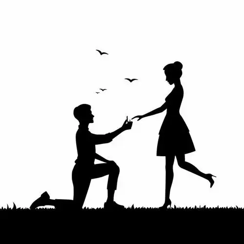 在草地上单膝下跪掏出戒指向女友求婚的男孩人物剪影p