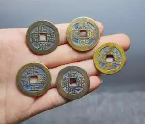 五帝钱真品 包老,真品清朝五帝钱五个黄铜铜钱27mm左右