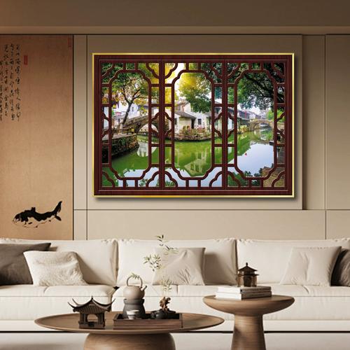 中式风景假窗户发光装饰画暗房茶室民宿酒店客房立体带灯窗景挂画