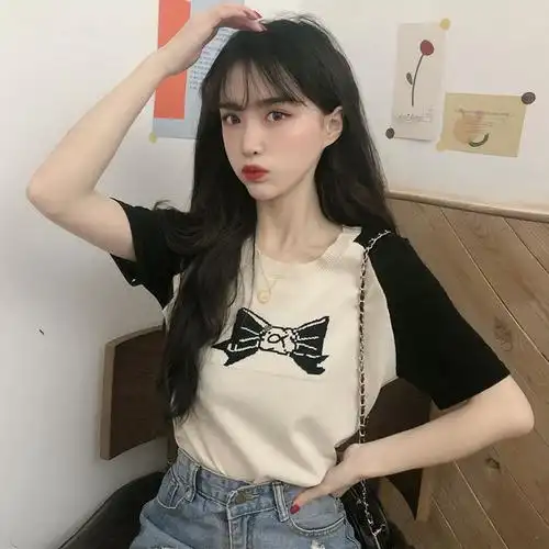 网红蝴蝶结提花拼色短袖t恤女夏季2022韩版百搭修身显瘦针织上衣