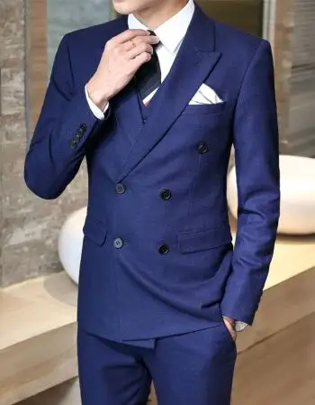 双排扣西服男套装修身三件套复古条纹西装深蓝色灰色酒红西装男 深