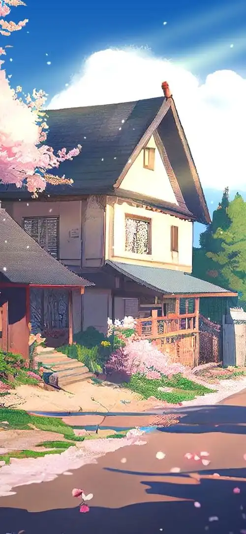 壁纸封面图小屋房子樱花乡村动漫风景插画唯美互动粒子互动壁纸标签