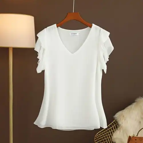 夏日焕新夏装短袖v领雪纺上衣女士宽松百搭遮肚洋气小衫乐迪纯金色m