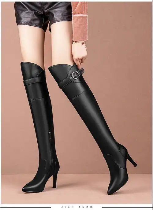 女靴冬细高跟2021秋新款皮面加绒过膝长靴高跟靴子女细跟高筒靴 黑色