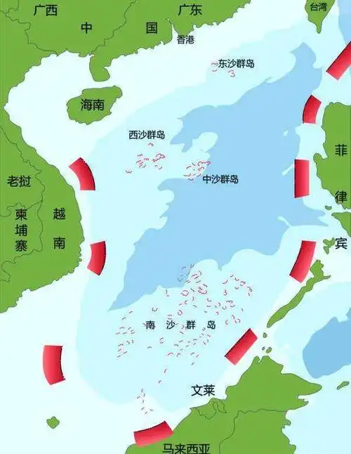 九段线是中国对南海海域权益边界的一种画法,由9条断续线组成的u形线