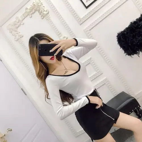 2018秋女装t恤新款拼接撞色大v领长袖性感露胸上衣女打底衫h2851