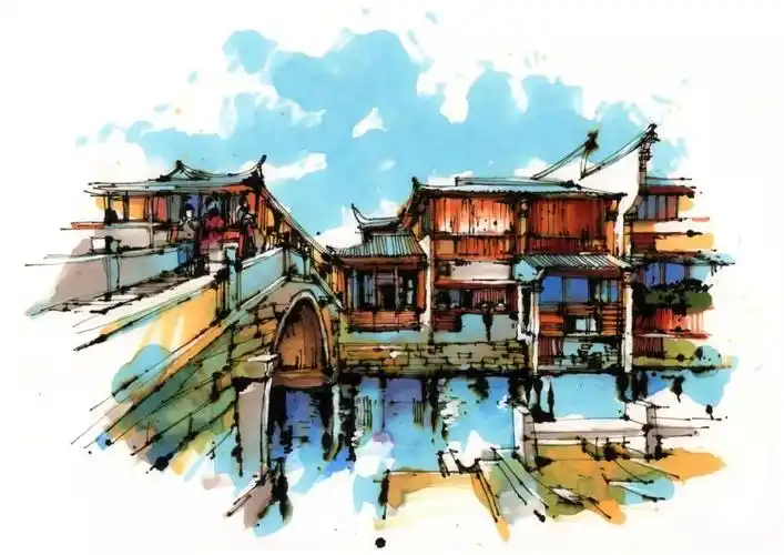 江南水乡马克笔写生