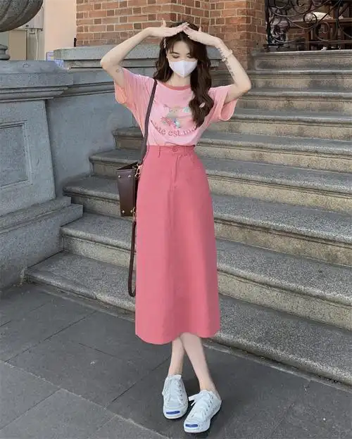 实拍实价 韩系减龄印花短袖上衣 高腰显瘦半身裙 - 17网