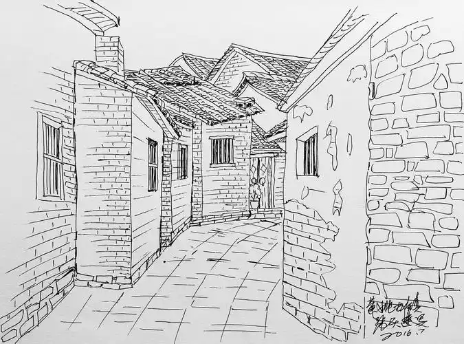 绘画入门基础|古镇风景钢笔速写作品6)黄艾《水性笔风景速写》临摹2