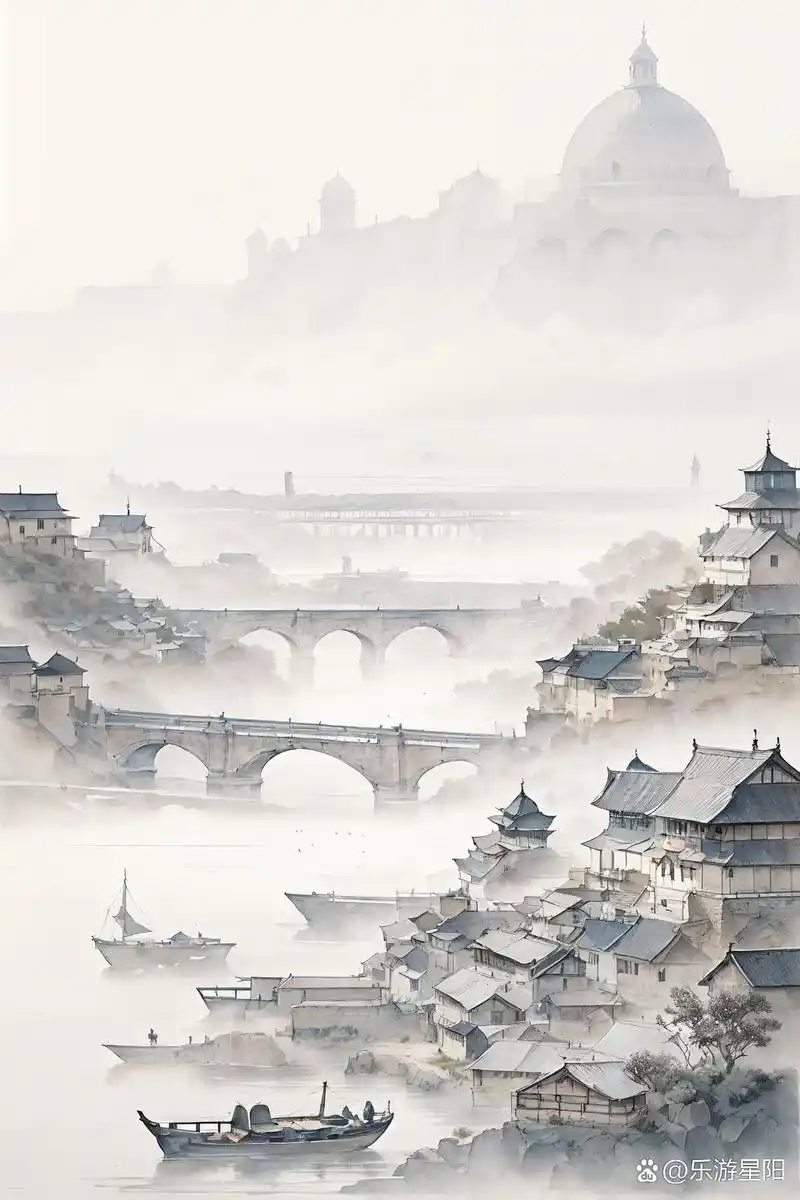 在这幅中国风的画中,桥与水,山与人,共同构筑了一个宁静而秀美的世界.