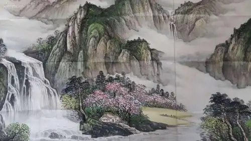 吴成建作品,六尺(画心)横幅山水,《春色烟云》,破旧,介意勿拍