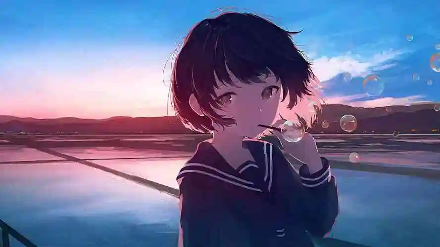 吹泡泡的可爱动漫女孩电脑壁纸4k