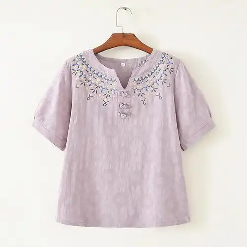 小v领绣花提花棉麻短袖t恤女盘扣圆领夏季上衣老年女装加大码夏装