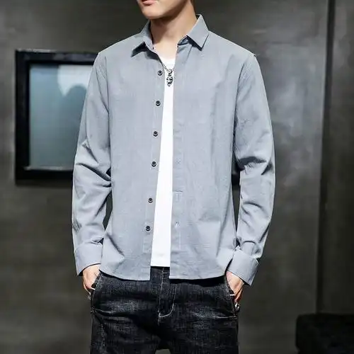 leevirhino秋冬新款男装商务长袖全棉衬衫男士休闲百搭纯色衬衫中青年