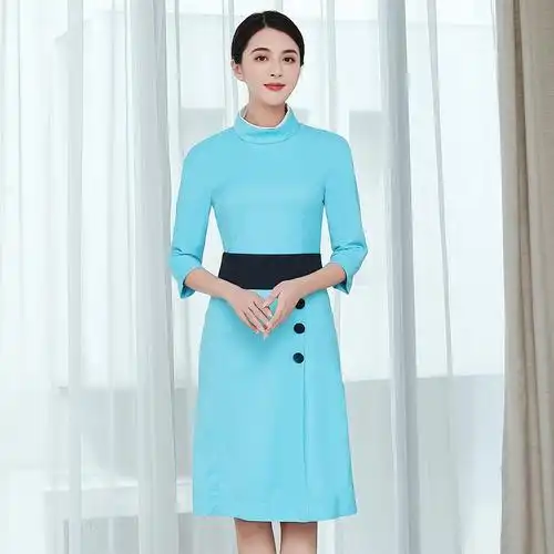 厦门航空制服空姐蓝色连衣裙女七分袖职业装导诊美容院礼仪工作服