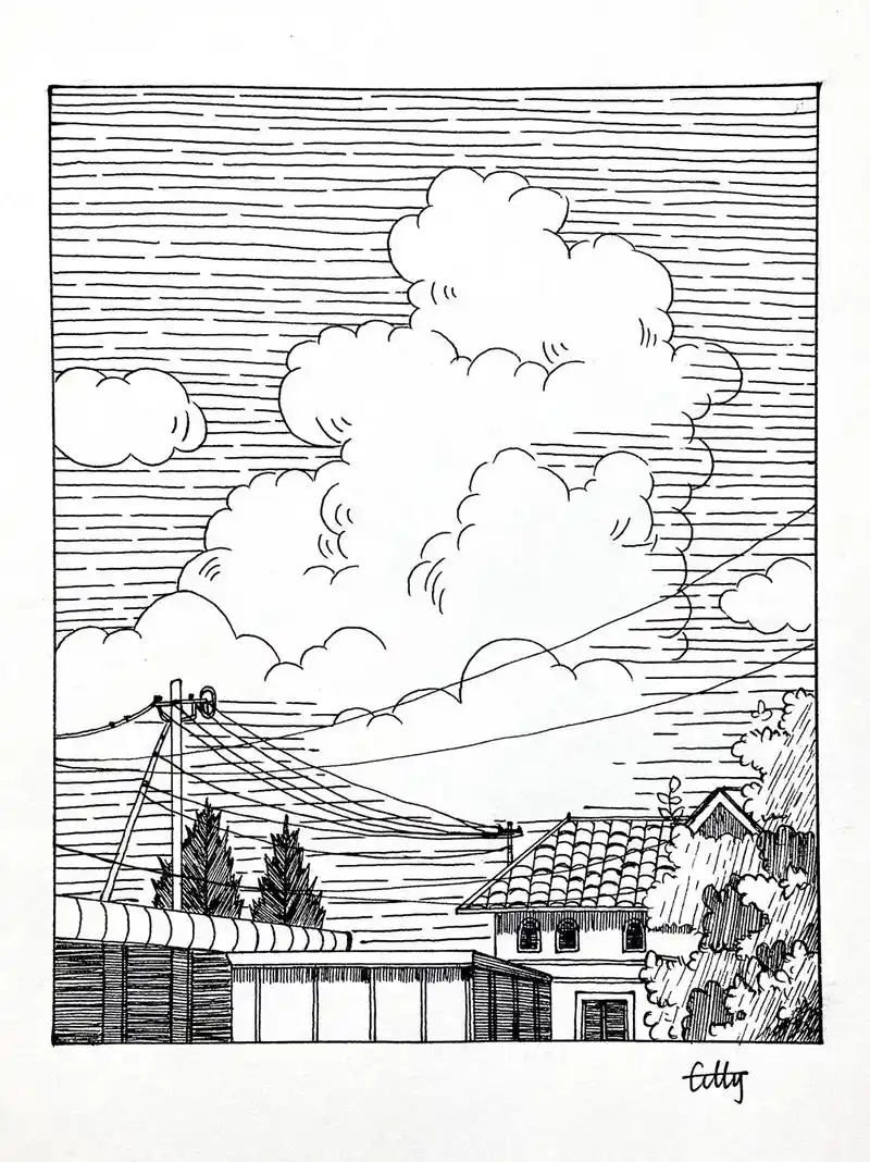 黑白风景钢笔画(68)|小镇上的云7815