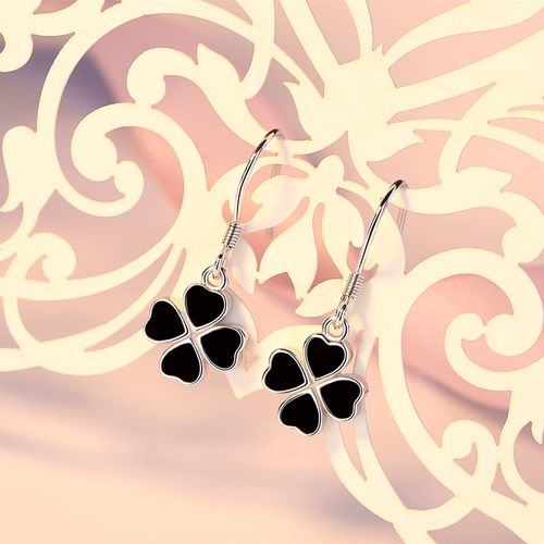 日韩国气质防过敏简约925纯银女黑色四叶草长款吊坠耳环耳坠耳饰